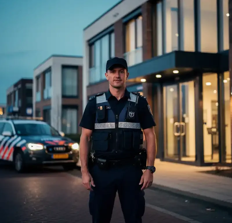 Beveiliger in uniform bij ingang van modern commercieel gebouw in Katwijk bij schemering, bewakingsvoertuig op achtergrond.