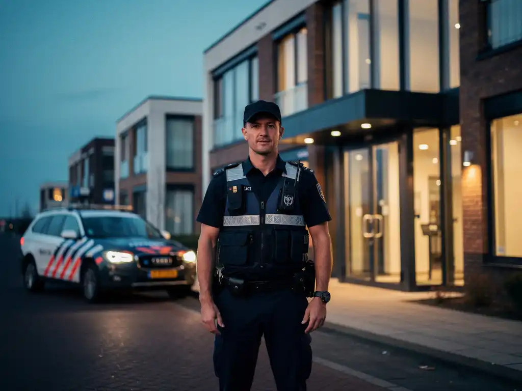 Beveiliger in uniform bij ingang van modern commercieel gebouw in Katwijk bij schemering, bewakingsvoertuig op achtergrond.
