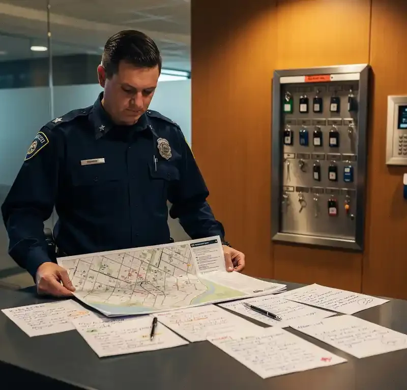 Beveiliger in donker uniform bestudeert plattegrond en notities op receptiebalie, sleutelkast en toegangspas zichtbaar op achtergrond.