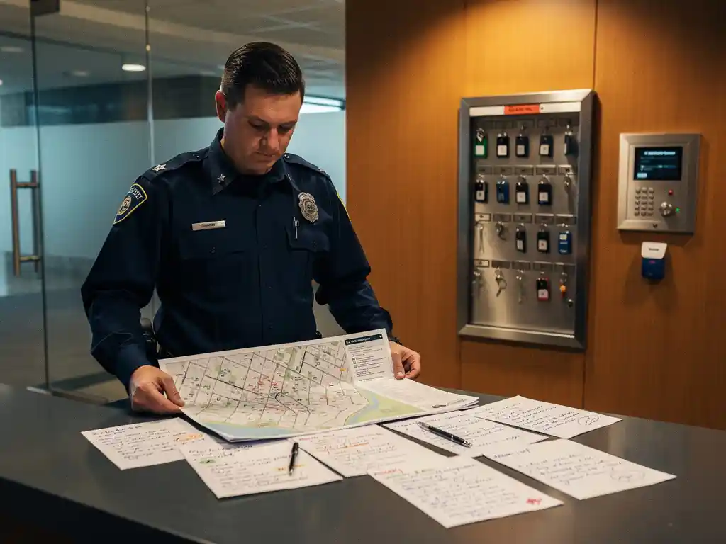 Beveiliger in donker uniform bestudeert plattegrond en notities op receptiebalie, sleutelkast en toegangspas zichtbaar op achtergrond.