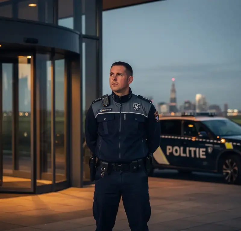 Beveiligingsbeambte in uniform bij ingang van modern gebouw in Rotterdam, avondlicht met skyline op de achtergrond.