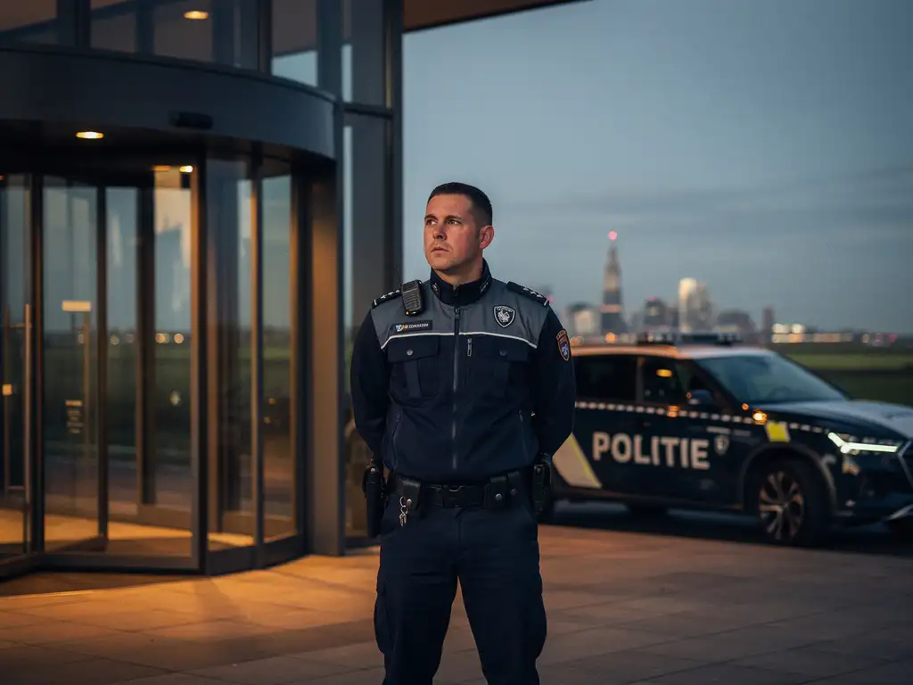 Beveiligingsbeambte in uniform bij ingang van modern gebouw in Rotterdam, avondlicht met skyline op de achtergrond.