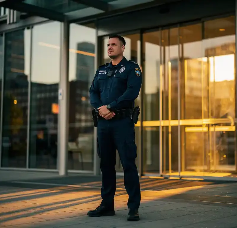 Beveiligingsmedewerker in uniform bij ingang van modern kantoorgebouw in Rotterdam, glazen gevel spiegelt skyline tijdens gouden uur.