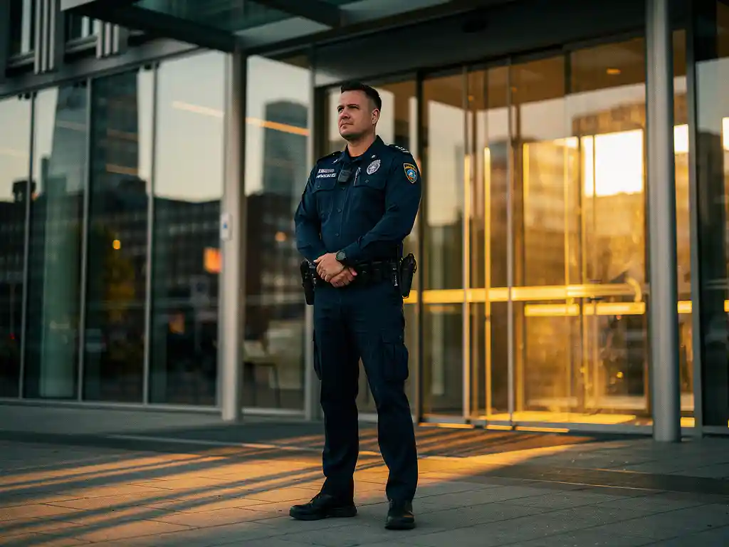 Beveiligingsmedewerker in uniform bij ingang van modern kantoorgebouw in Rotterdam, glazen gevel spiegelt skyline tijdens gouden uur.