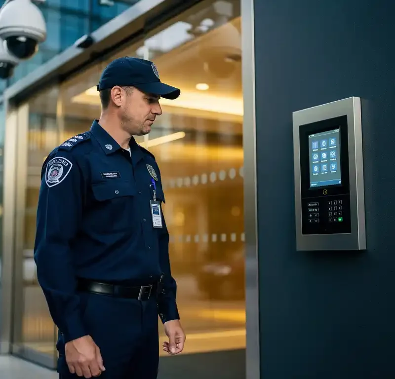 Beveiligingsmedewerker in uniform bij ingang van modern glazen kantoorgebouw, controleert digitaal toegangspaneel, bewakingscamera's zichtbaar.