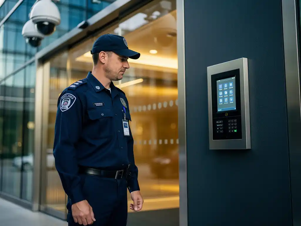Beveiligingsmedewerker in uniform bij ingang van modern glazen kantoorgebouw, controleert digitaal toegangspaneel, bewakingscamera's zichtbaar.
