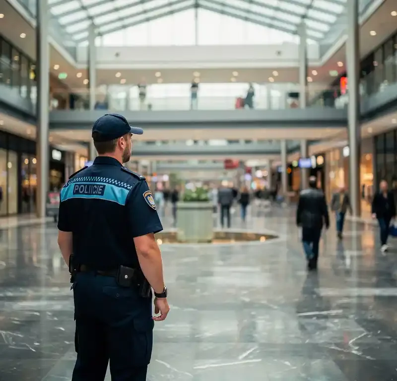 Beveiliger in uniform bij de ingang van een modern Nederlands winkelcentrum met glazen gevel en marmeren vloer.