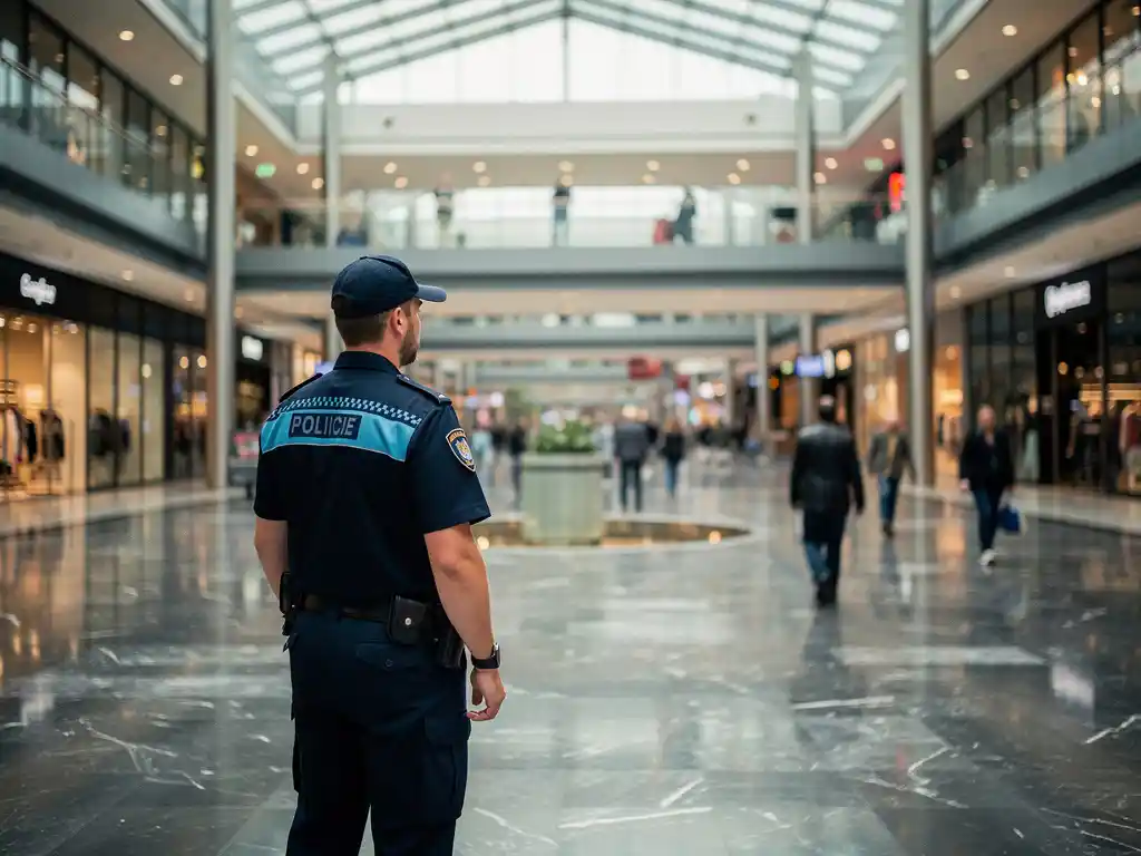 Beveiliger in uniform bij de ingang van een modern Nederlands winkelcentrum met glazen gevel en marmeren vloer.
