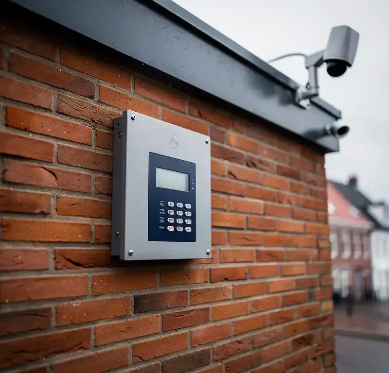 Professioneel alarmpaneel op bakstenen buitenmuur van Nederlands bedrijfspand, met zichtbare bewegingssensoren en camerahuis bij dakrand.