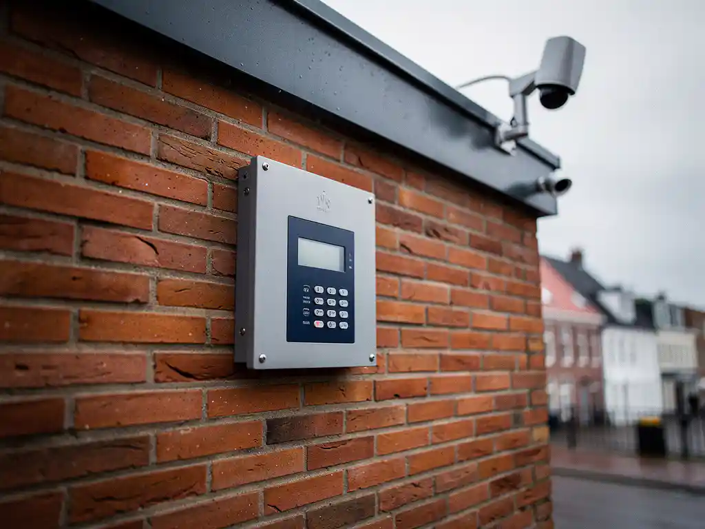 Professioneel alarmpaneel op bakstenen buitenmuur van Nederlands bedrijfspand, met zichtbare bewegingssensoren en camerahuis bij dakrand.