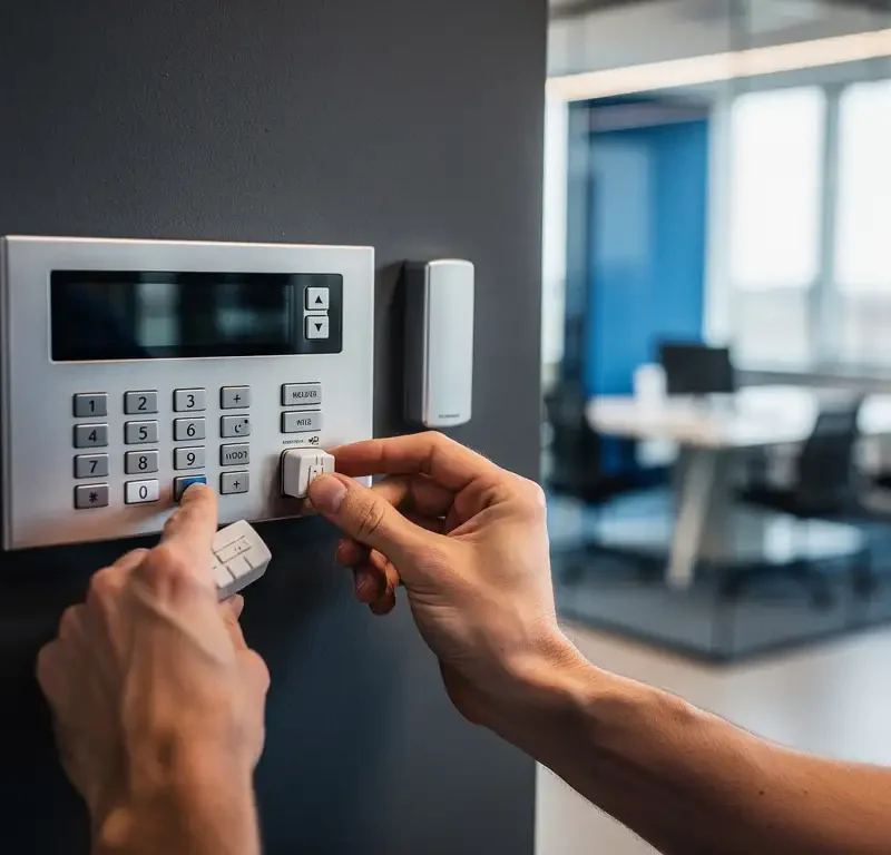 Beveiligingstechnicus installeert sensorcomponenten op een professioneel alarmpaneel in een modern Nederlands kantoor.
