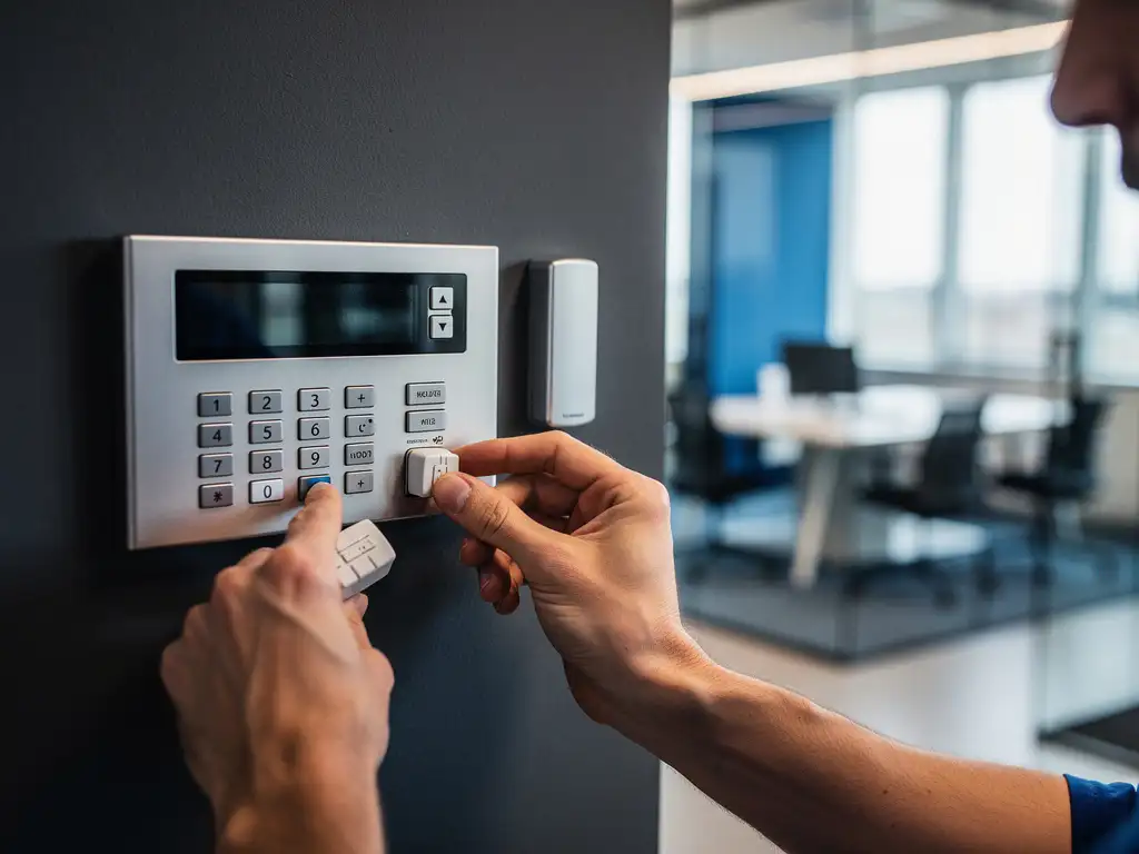 Beveiligingstechnicus installeert sensorcomponenten op een professioneel alarmpaneel in een modern Nederlands kantoor.