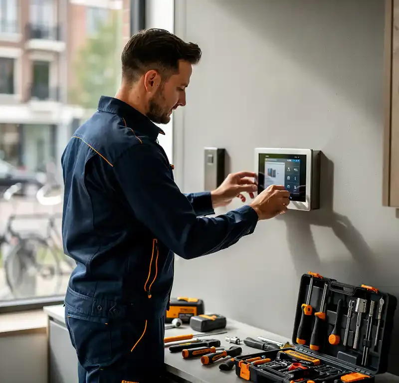 Beveiligingstechnicus installeert wandpaneel van alarmsysteem in modern Nederlands bedrijfspand, gereedschap netjes uitgestald op werkoppervlak.