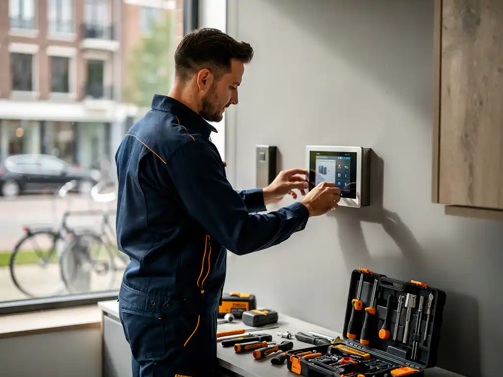 Beveiligingstechnicus installeert wandpaneel van alarmsysteem in modern Nederlands bedrijfspand, gereedschap netjes uitgestald op werkoppervlak.