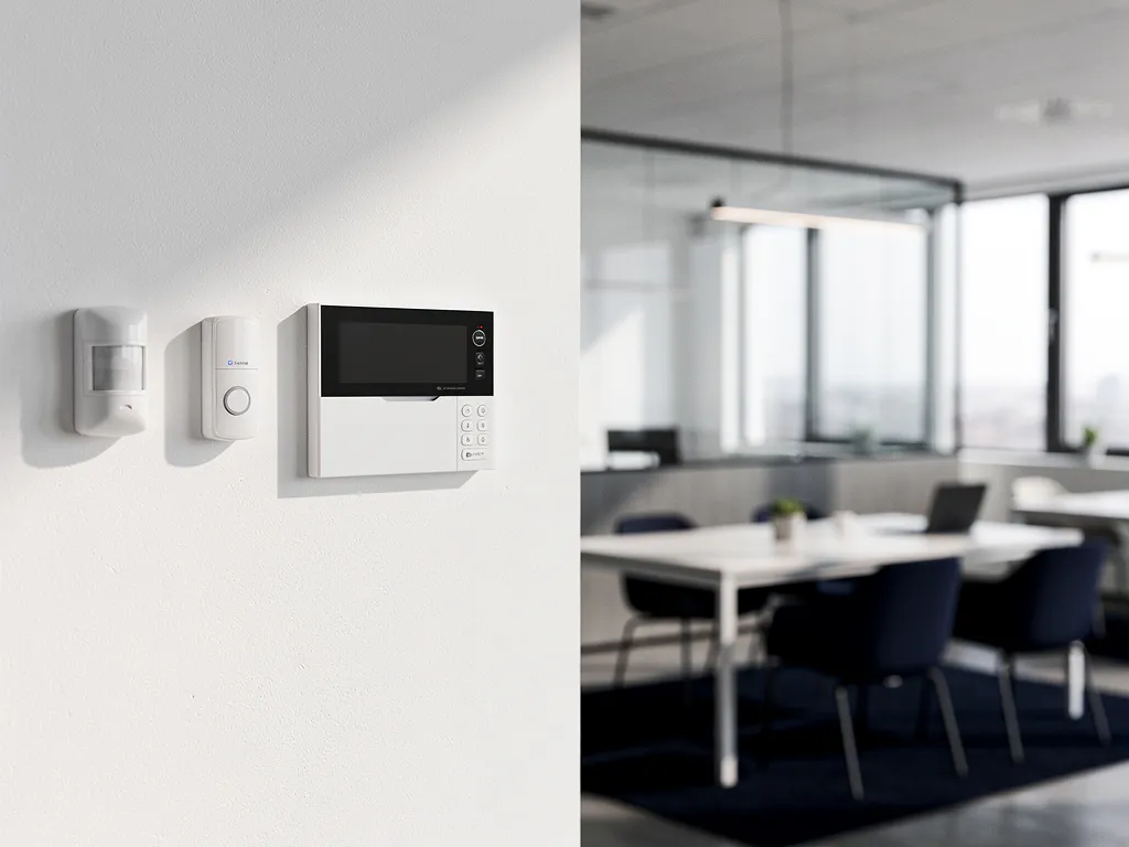 Alarmcentrale op kantoorwand met bewegingssensoren, glazen scheidingswanden en neutraal interieur op de achtergrond.