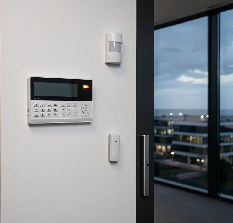 Professioneel alarmbedieningspaneel op kantoorwand in Katwijk, met bewegingssensoren en deurcontacten, amber statuslicht bij schemering.