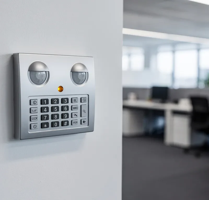 Beveiligingspaneel met bewegingssensor en toetsenbord op witte muur in modern kantoor Zoetermeer, amber statuslampje aan.