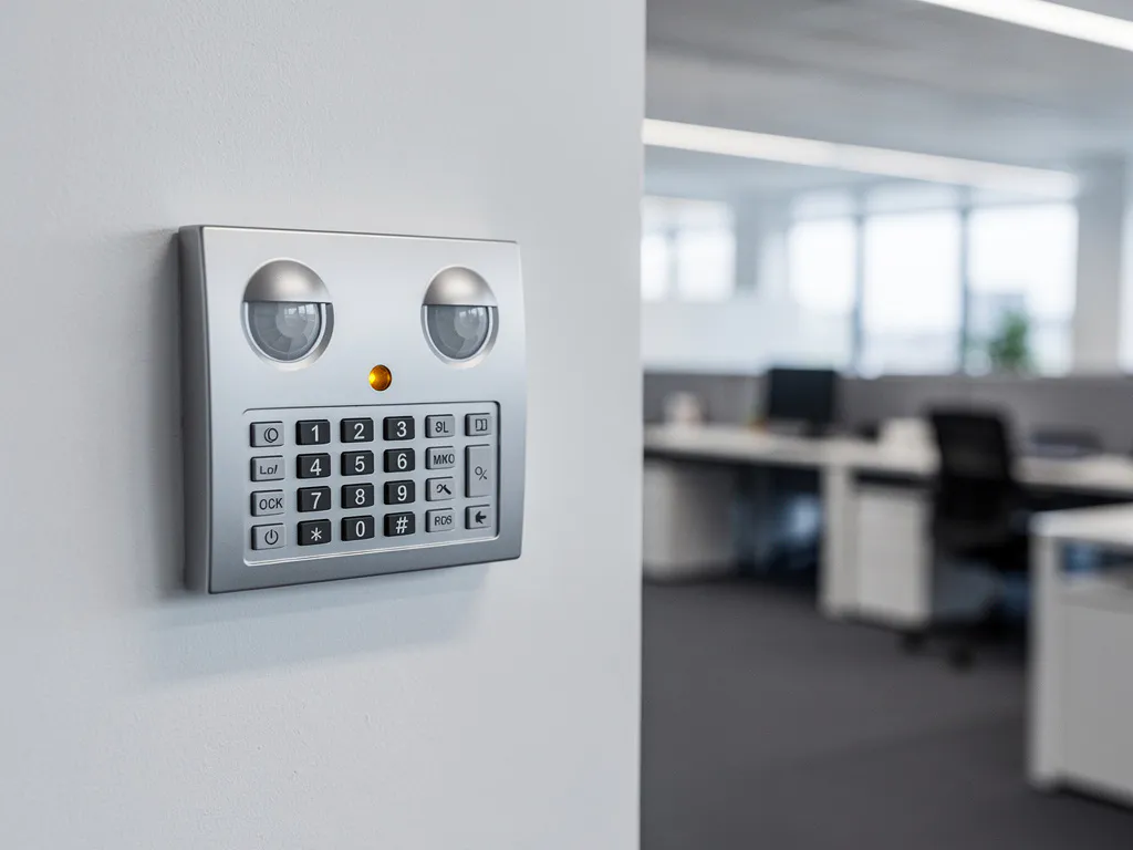 Beveiligingspaneel met bewegingssensor en toetsenbord op witte muur in modern kantoor Zoetermeer, amber statuslampje aan.