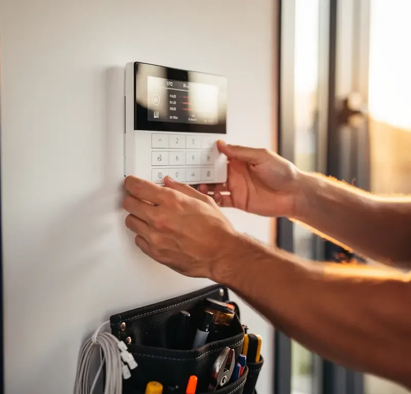 Beveiligingstechnicus monteert alarmpaneel op witte muur in moderne Nederlandse woning, gereedschapsriem en sensorkabels op de voorgrond.