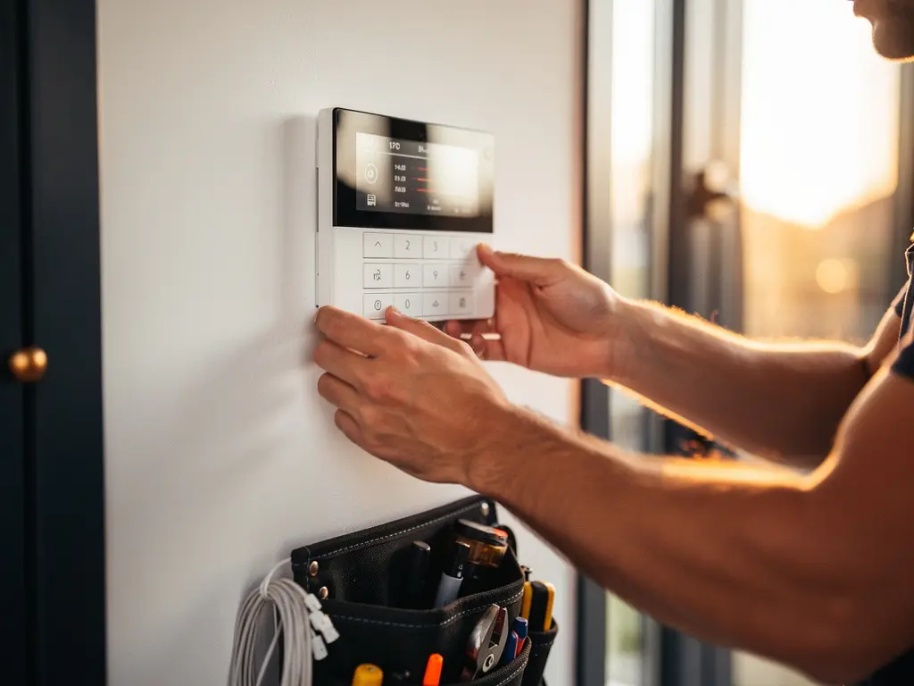Beveiligingstechnicus monteert alarmpaneel op witte muur in moderne Nederlandse woning, gereedschapsriem en sensorkabels op de voorgrond.
