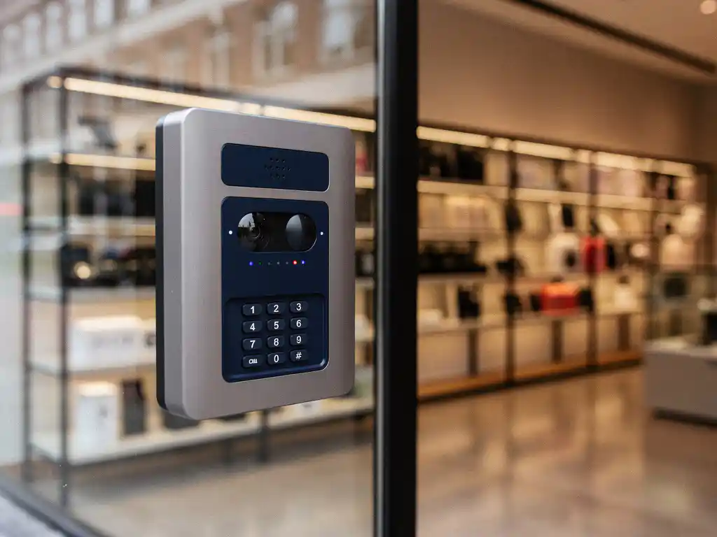 Wandgemonteerd alarmpaneel met bewegingssensoren en toetsenbord bij de ingang van een moderne Nederlandse winkel.