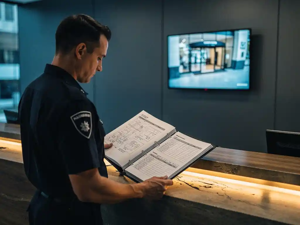 Beveiligingsprofessional in donker uniform bestudeert beveiligingsprotocollen aan moderne receptiebalie met bewakingsmonitor op achtergrond.