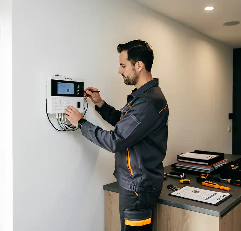 Gecertificeerde beveiligingstechnicus installeert alarmpaneel op witte muur in Nederlandse woning, gereedschap en certificaten op nabijgelegen oppervlak.
