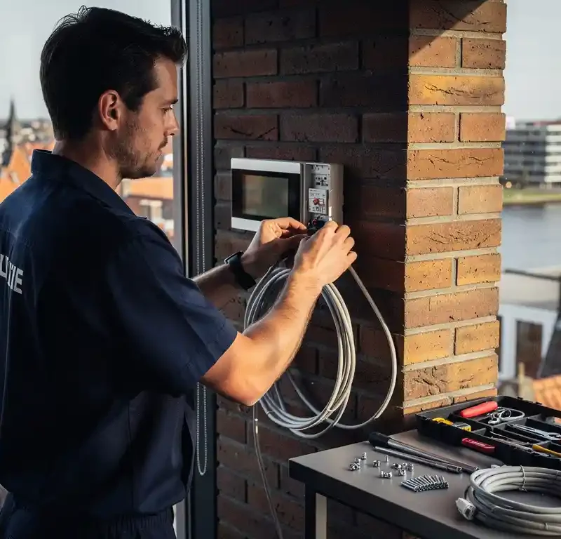 Beveiligingstechnicus installeert modern alarmpaneel op bakstenen muur, met Zuid-Hollands stadslandschap en waterwegen op de achtergrond.
