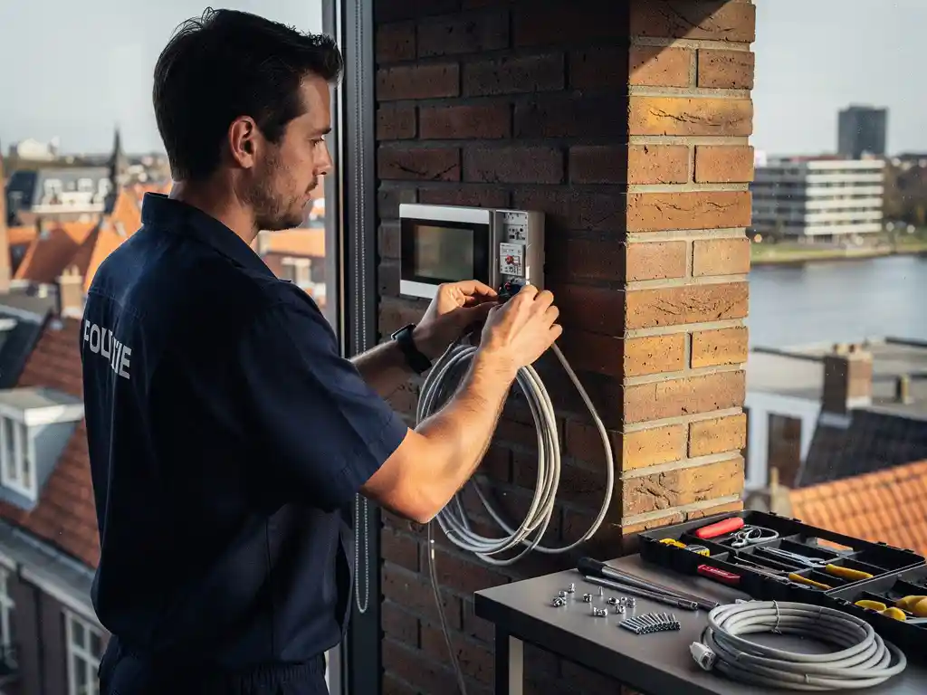 Beveiligingstechnicus installeert modern alarmpaneel op bakstenen muur, met Zuid-Hollands stadslandschap en waterwegen op de achtergrond.