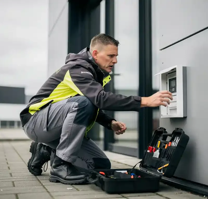 Beveiligingstechnicus in uniform bij alarmcentrale op gevel van commercieel pand in Zuid-Holland, toolkit open op de grond.