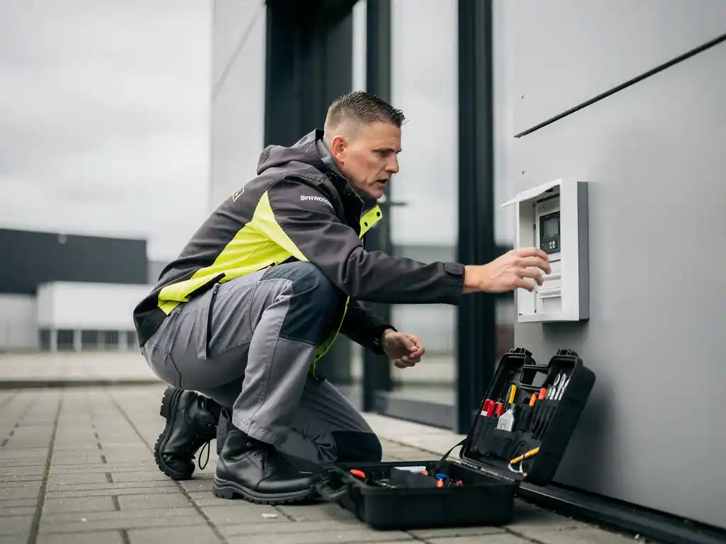 Beveiligingstechnicus in uniform bij alarmcentrale op gevel van commercieel pand in Zuid-Holland, toolkit open op de grond.