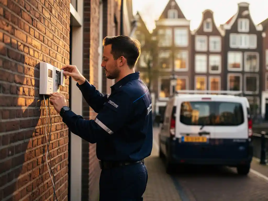 Beveiligingstechnicus installeert alarmpaneel op gevel van Nederlandse woning in Zuid-Holland, beveiligingsbus geparkeerd op straat.