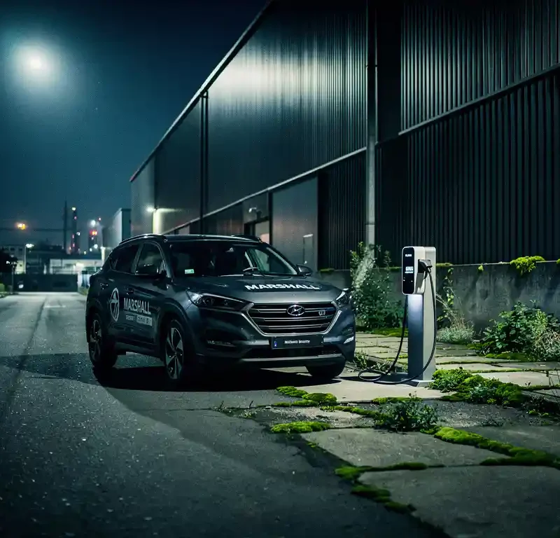 Marshall Security patrouillewagen geparkeerd op een verlaten industrieweg 's nachts, omgeven door donkere loodsen en mos.