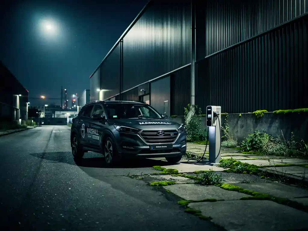 Marshall Security patrouillewagen geparkeerd op een verlaten industrieweg 's nachts, omgeven door donkere loodsen en mos.