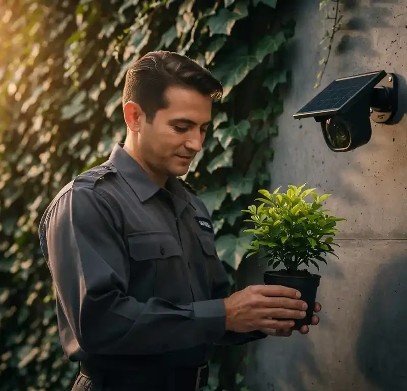 Beveiliger verzorgt kleine plant naast zonne-energie bewakingscamera op modern gebouw, klimop op betonnen muur op achtergrond.