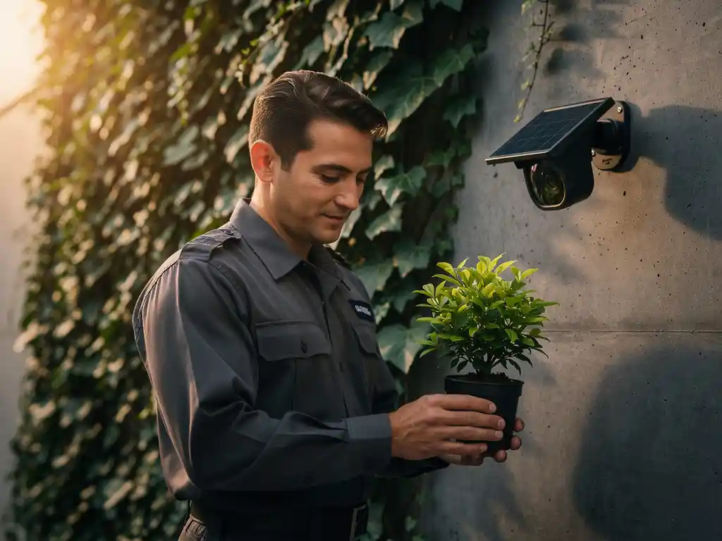 Beveiliger verzorgt kleine plant naast zonne-energie bewakingscamera op modern gebouw, klimop op betonnen muur op achtergrond.