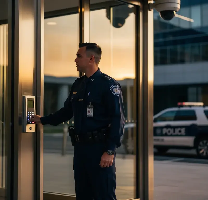 Beveiligingsmedewerker in uniform bij ingang van modern kantoorgebouw bij zonsopgang, hand op toegangscontrolepaneel, bewakingscamera's zichtbaar overhead.