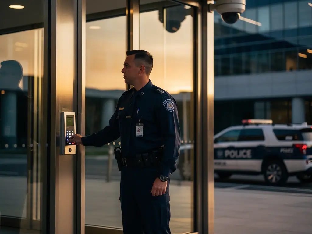 Beveiligingsmedewerker in uniform bij ingang van modern kantoorgebouw bij zonsopgang, hand op toegangscontrolepaneel, bewakingscamera's zichtbaar overhead.