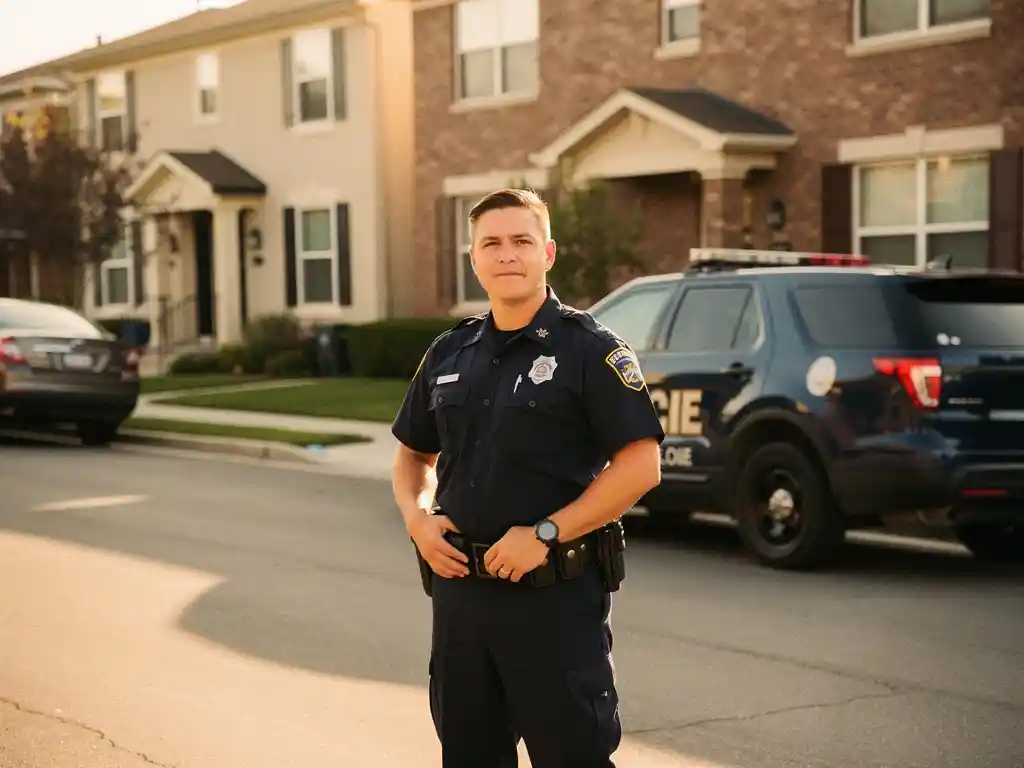 Beveiliger in uniform staat zelfverzekerd op een herkenbare woonstraat bij gouden-uursverlichting, met een bewakingsvoertuig op de achtergrond.