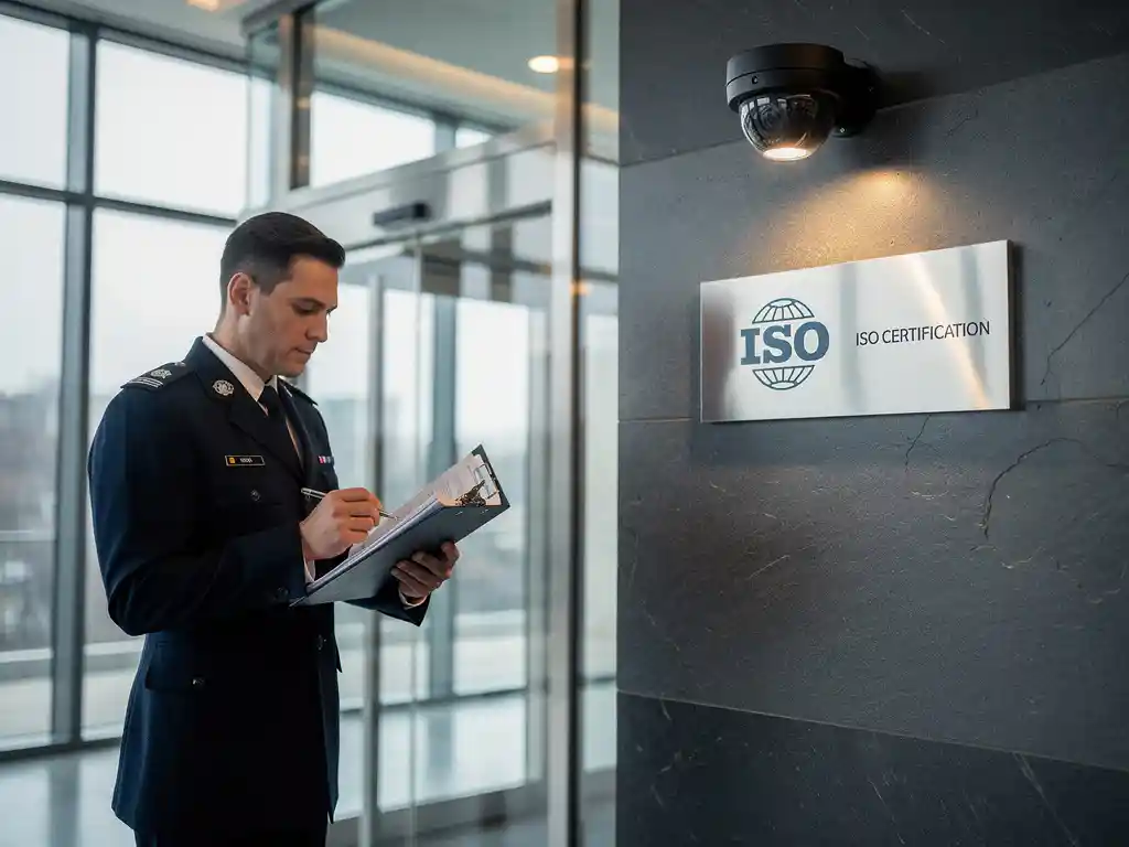 Beveiligingsmedewerker controleert compliance-documenten bij moderne bedrijfsingang met ISO-certificeringsplaquettes en bewakingscamera.