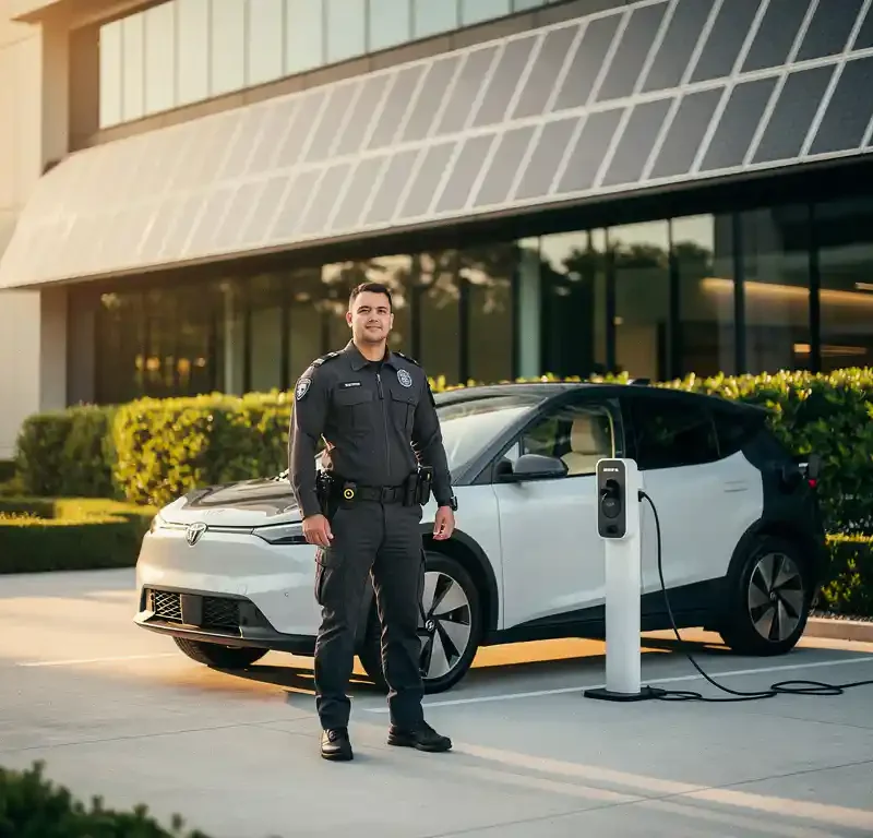 Beveiliger in uniform naast een elektrisch patrouilevoertuig bij een modern kantoorcomplex met zonnepanelen.