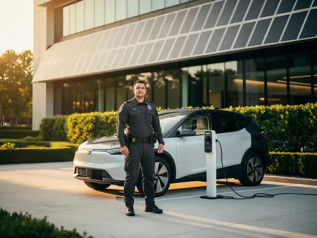 Beveiliger in uniform naast een elektrisch patrouilevoertuig bij een modern kantoorcomplex met zonnepanelen.