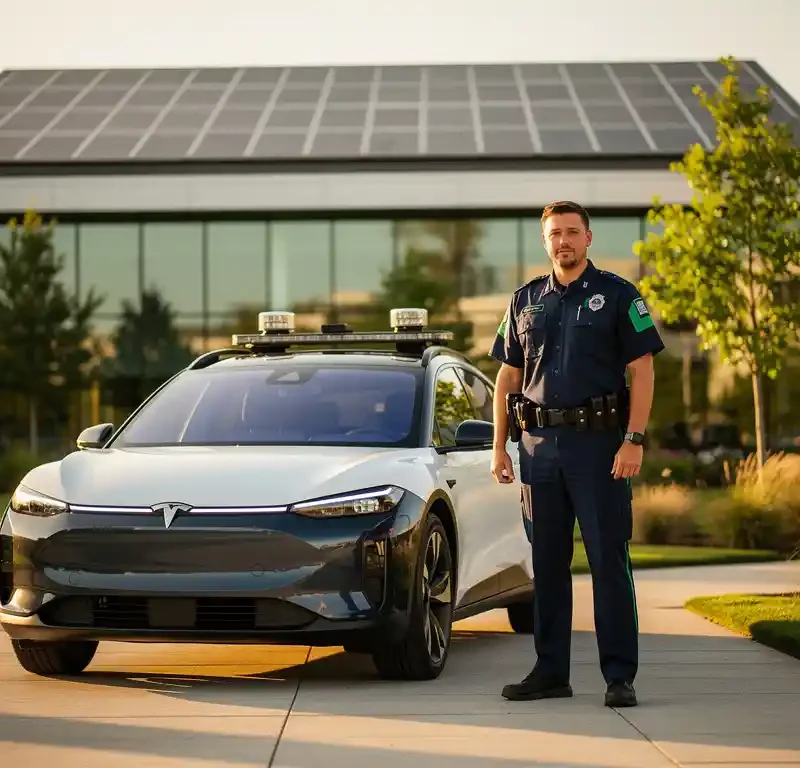 Beveiligingsmedewerker in uniform naast elektrisch patrouilevoertuig op modern bedrijventerrein met zonnepanelen op dak.