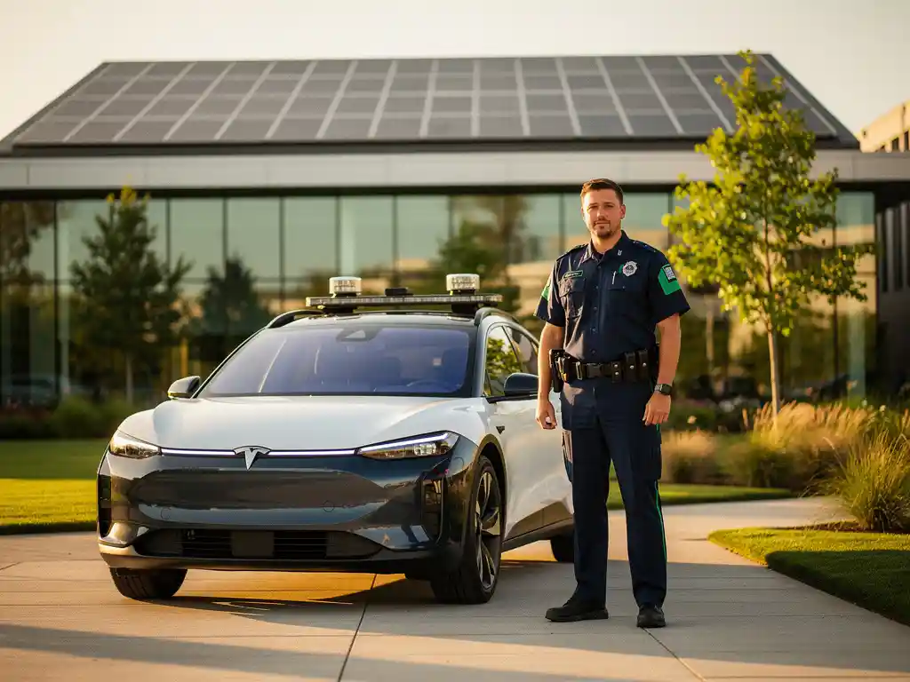 Beveiligingsmedewerker in uniform naast elektrisch patrouilevoertuig op modern bedrijventerrein met zonnepanelen op dak.