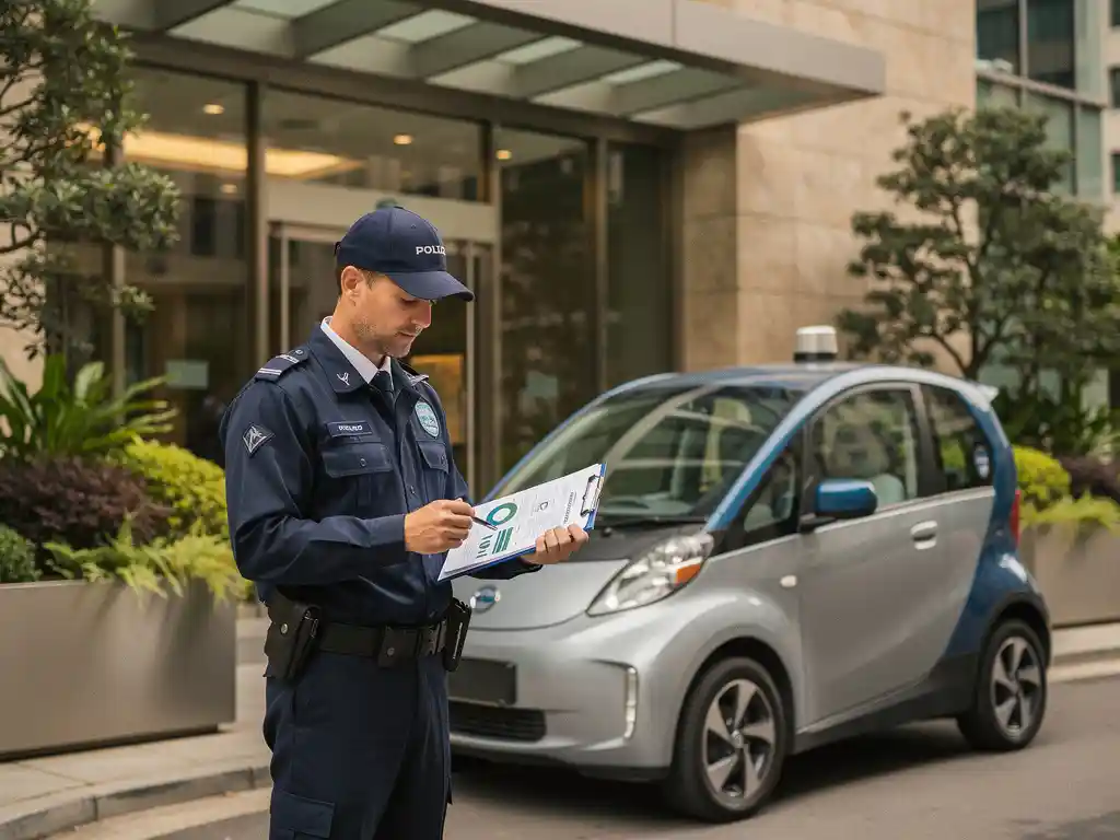 Beveiliger in uniform bekijkt duurzaamheidsdocument op klembord naast elektrisch patrouillewagen bij modern bedrijfsgebouw.