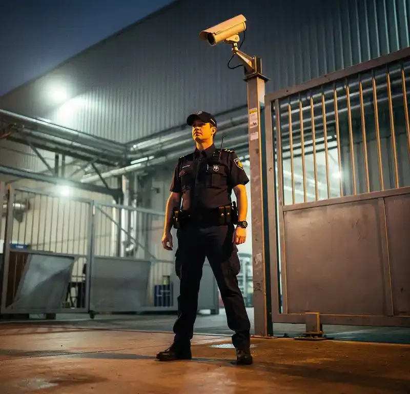 Beveiliger in uniform bij de ingang van een industrieel complex in Katwijk, met stalen poorten en surveillancecamera in avondlicht.