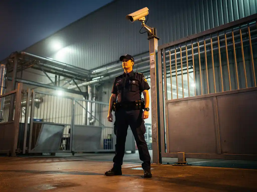 Beveiliger in uniform bij de ingang van een industrieel complex in Katwijk, met stalen poorten en surveillancecamera in avondlicht.