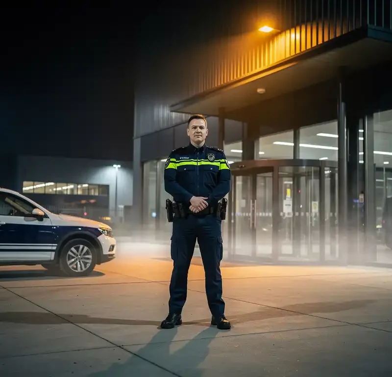 Beveiliger in uniform bij de ingang van een modern Nederlands bedrijfspand 's nachts, met mistflarden en amberkleurige schijnwerpers.
