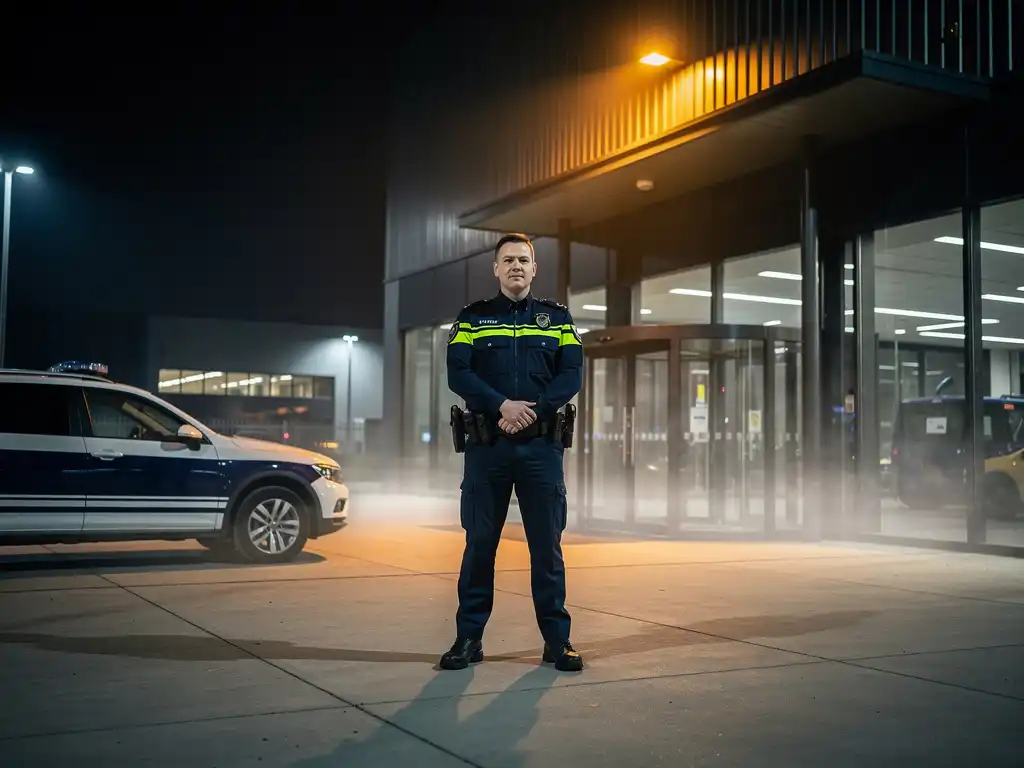 Beveiliger in uniform bij de ingang van een modern Nederlands bedrijfspand 's nachts, met mistflarden en amberkleurige schijnwerpers.