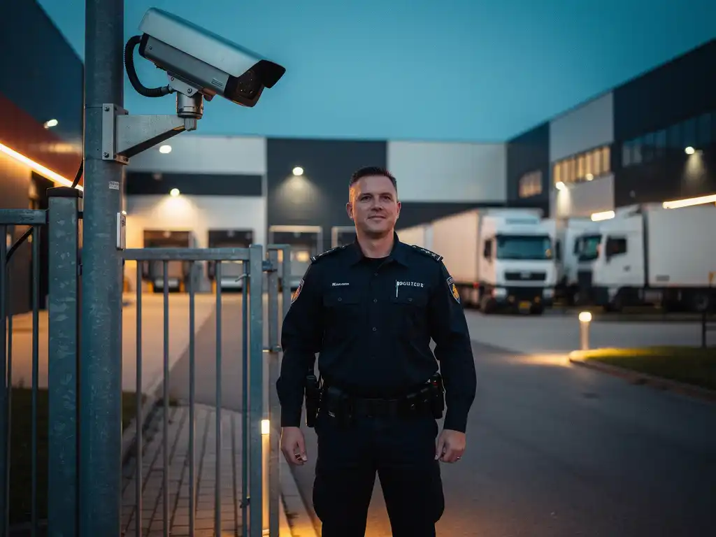 Beveiligingsbewaker bij ingang van industrieel bedrijventerrein in Rotterdam bij schemering, bewakingscamera op stalen paal op voorgrond.